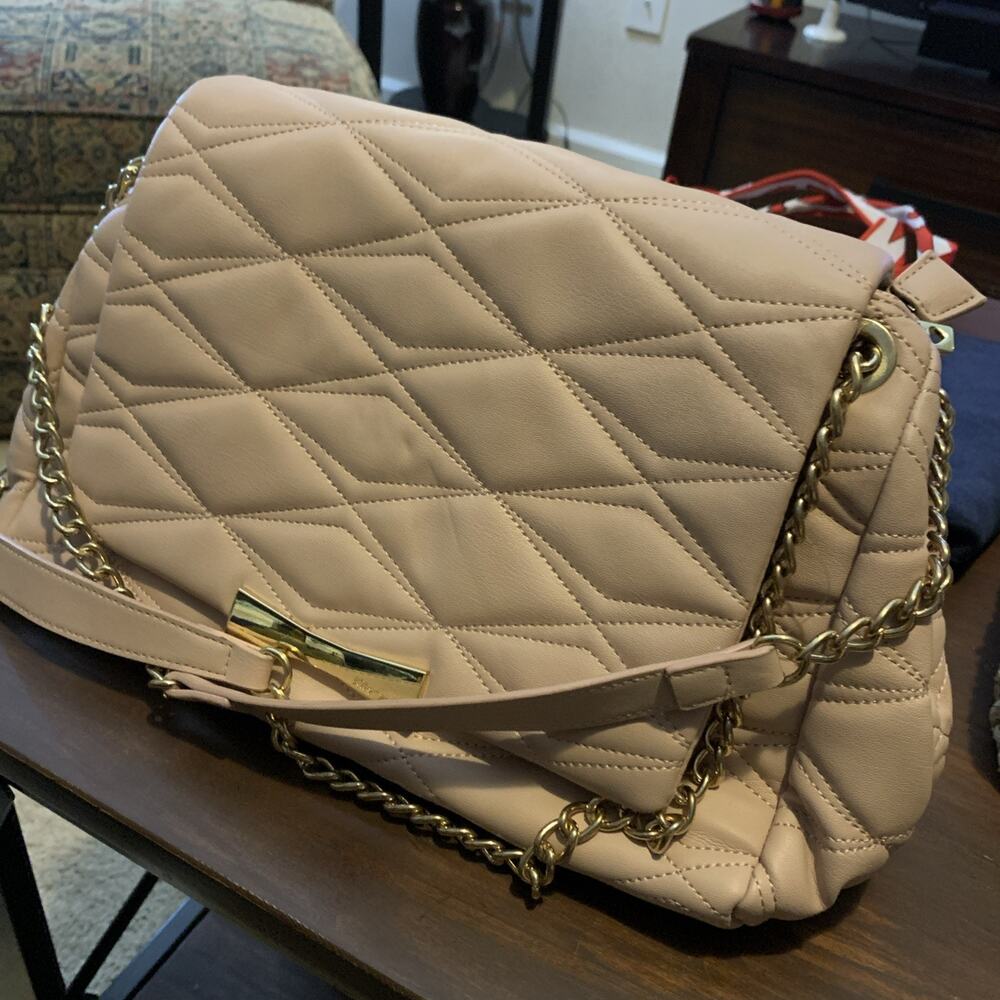 Betsy Johnson Pink Quilted Shoulder Bag Satchel W/ Gold Chains & Floral Inside